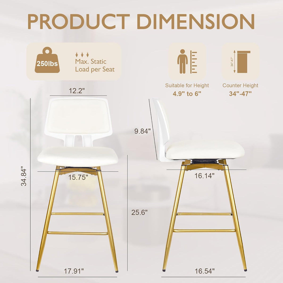 VECELO Swivel Upholstered Bar Stools Set of 2