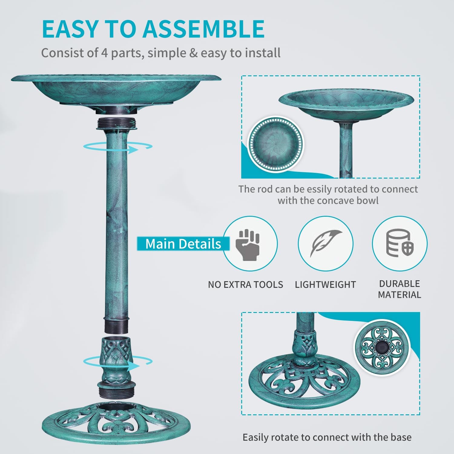 VECELO 28" Pedestal Outdoor Bird Bath with Solar Powered Fountain - VECELO