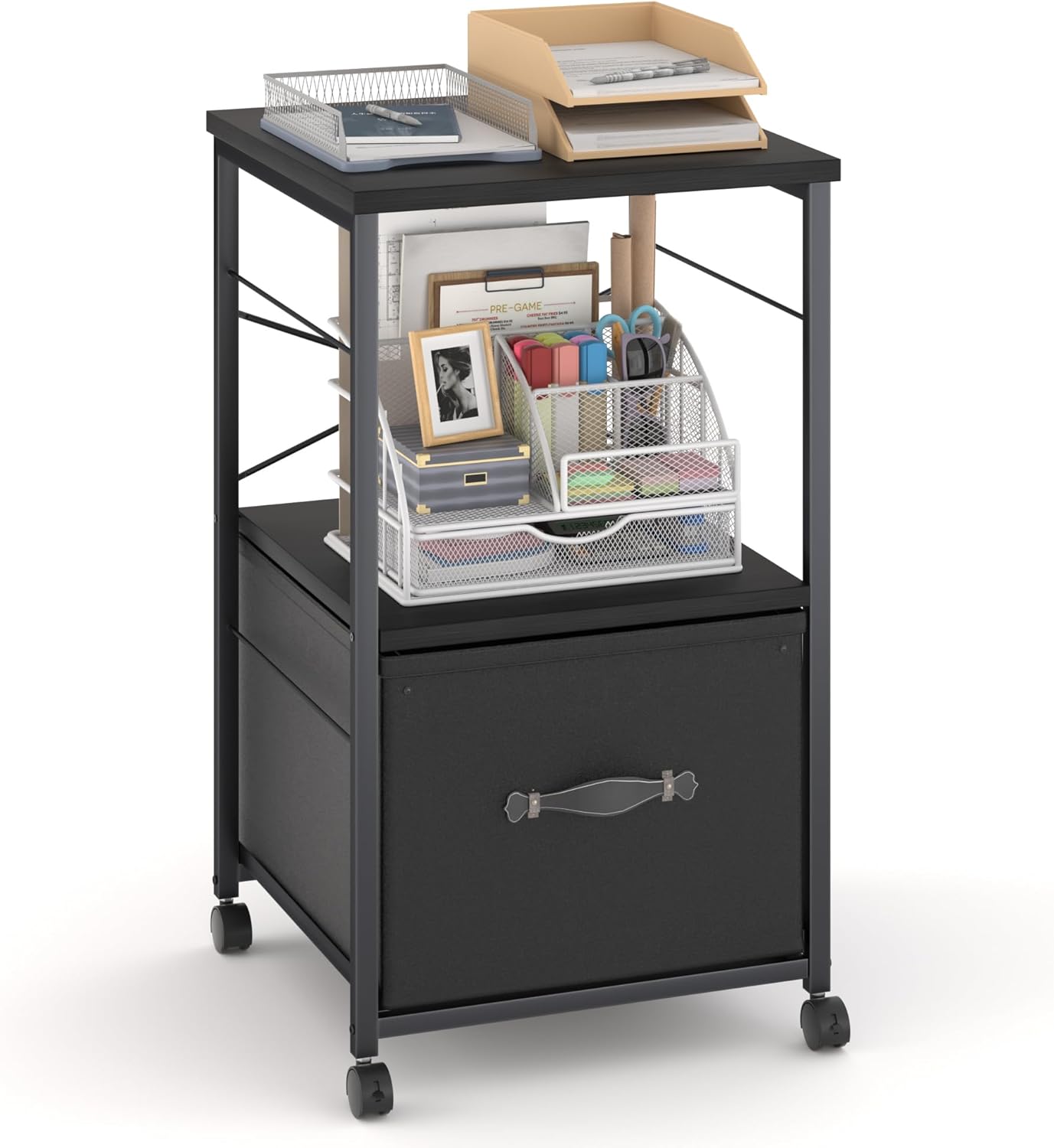 VECELO File Cabinet with Open Storage Shelf, Rolling Printer Stand with Large Fabric Drawer