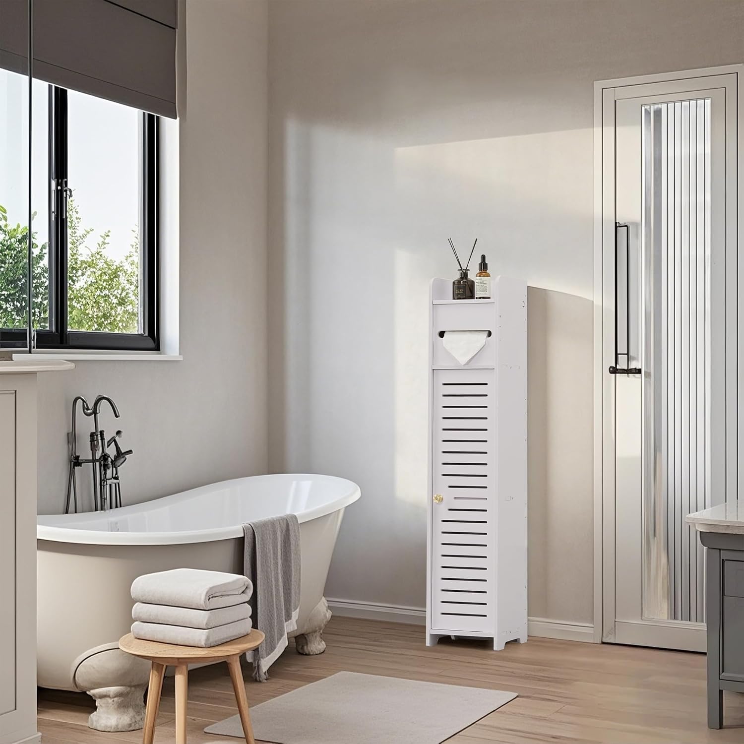 VECELO Small Bathroom Cabinet, Storage Cabinet with Toilet Paper Scroll