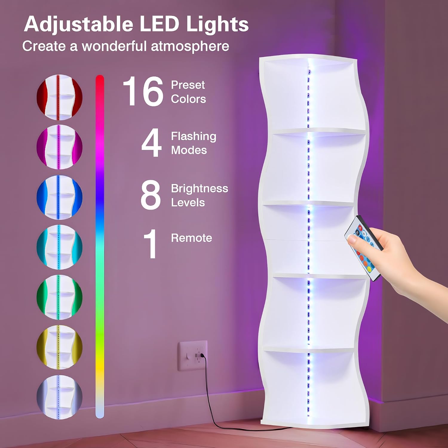 VECELO 6-Tier Compact Wave Corner Bookcase with LED Lights, Small Narrow Freestanding Bookshelf for Small Spaces