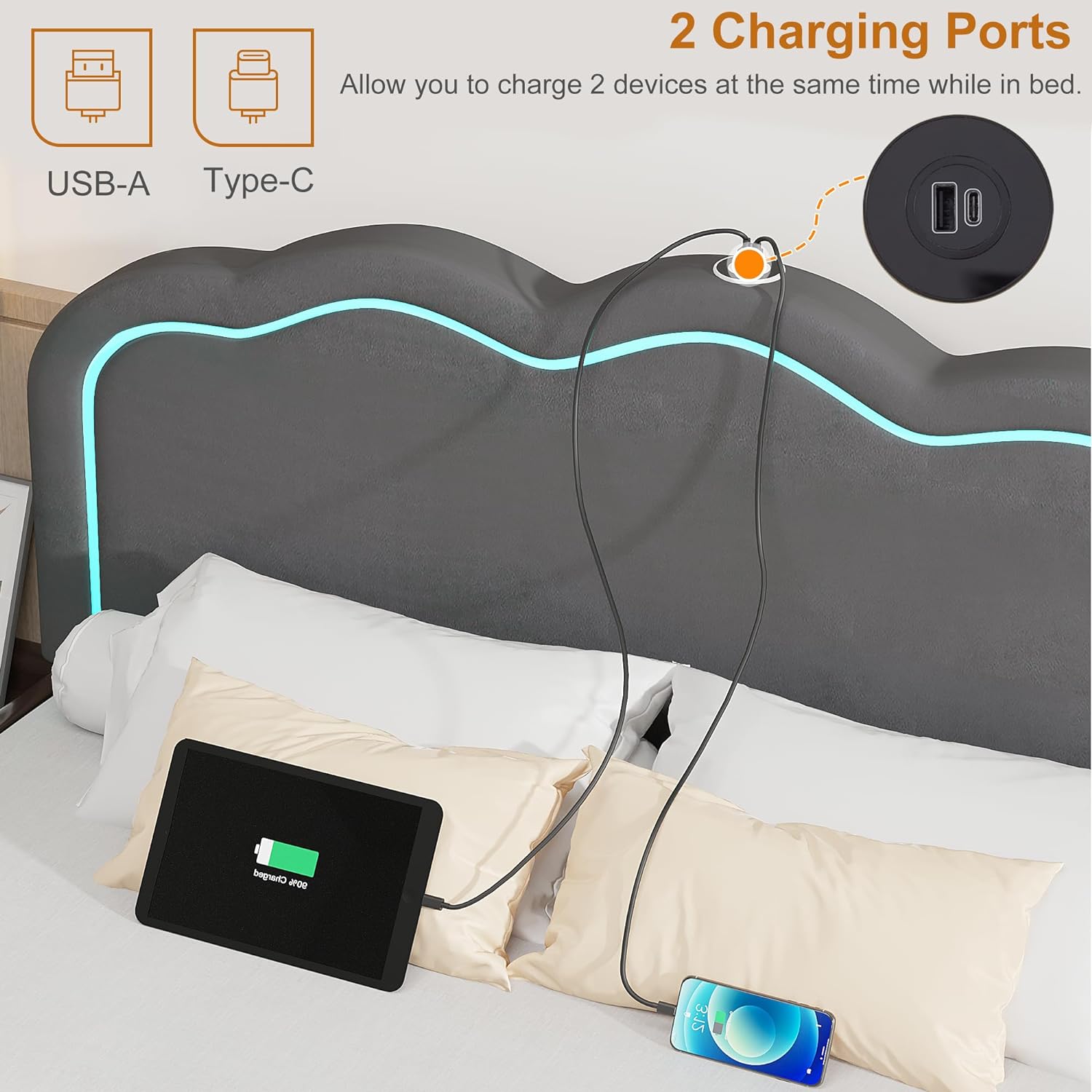 VECELO Upholstered Velvet Platform Bed Frame with Headboard Adjustable, LED Lights, USB-A & Type-C