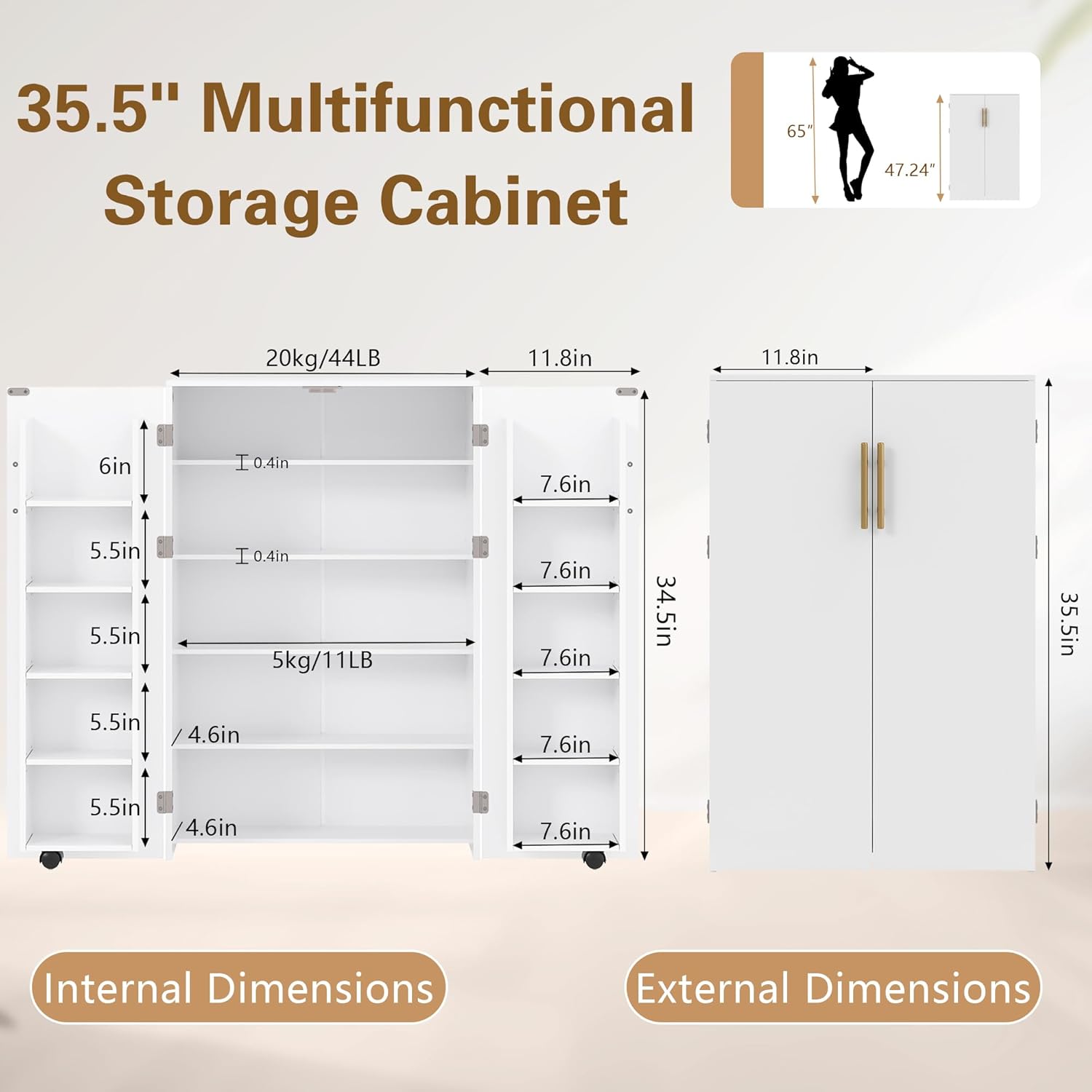 VECELO 35.5” Small Kitchen Pantry Storage Cabinet with 2 Doors and Adjustable Shelves - VECELO