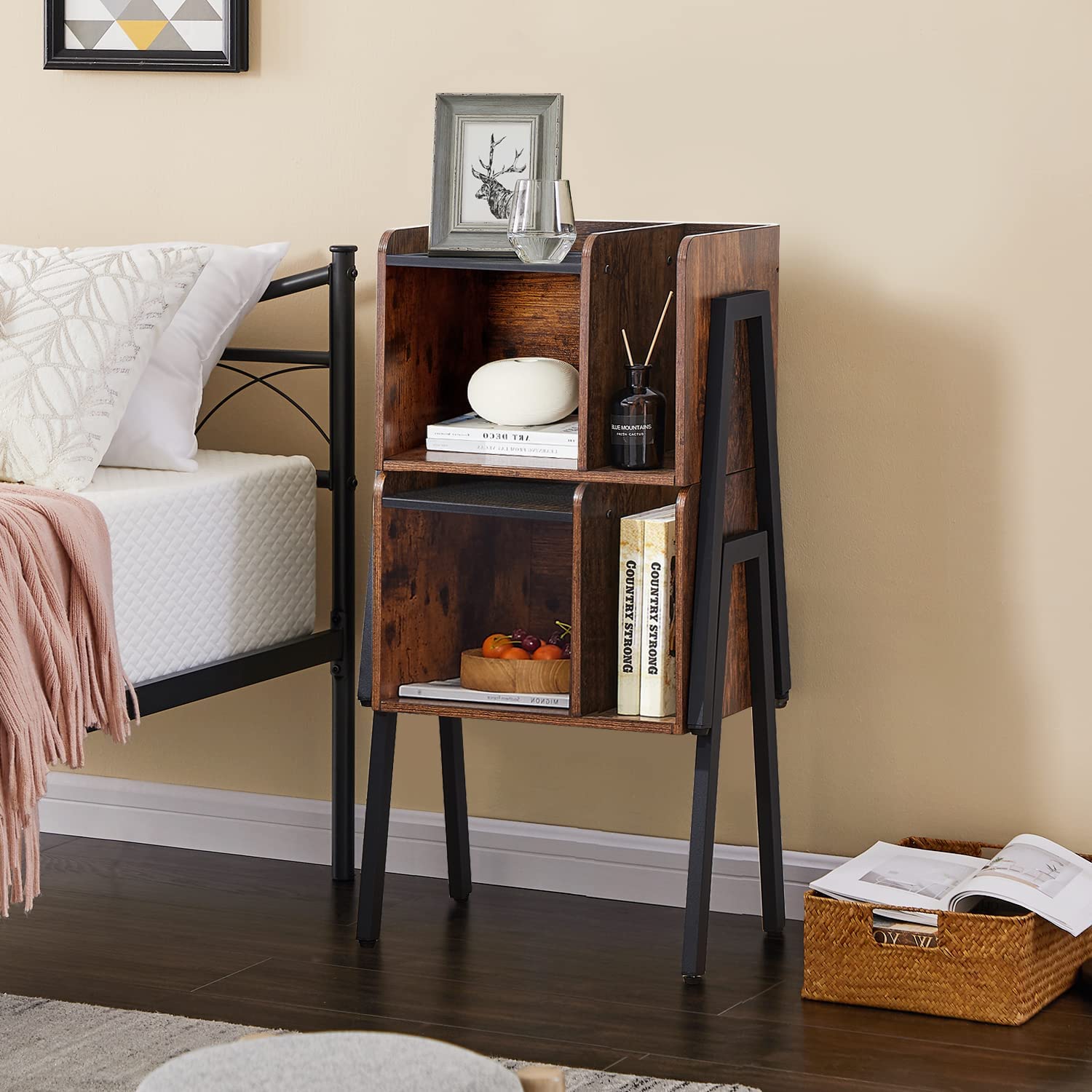 VECELO Industrial Side End Table/Nightstand Stackable Accent Furniture with 2-Tier Open Storage Compartments