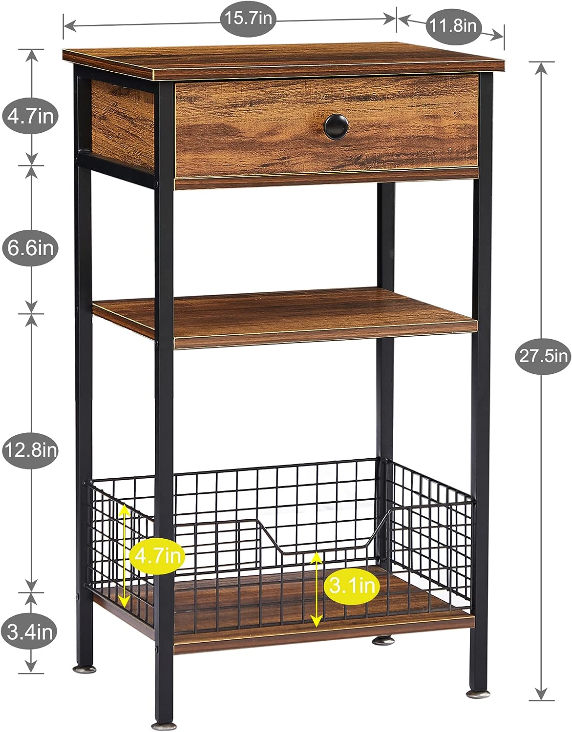 VECELO Tall Side End Tables/3-Tier Bedside Stand with Storage