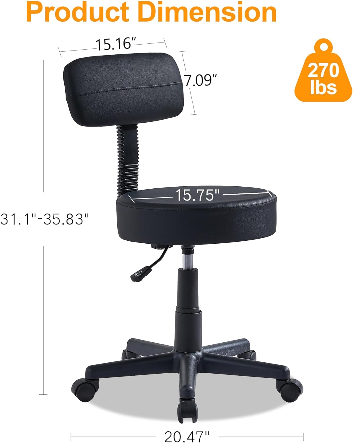VECELO Home Office Desk Chair with Backrest for Garage Shop Workbench Kitchen Medical Salon