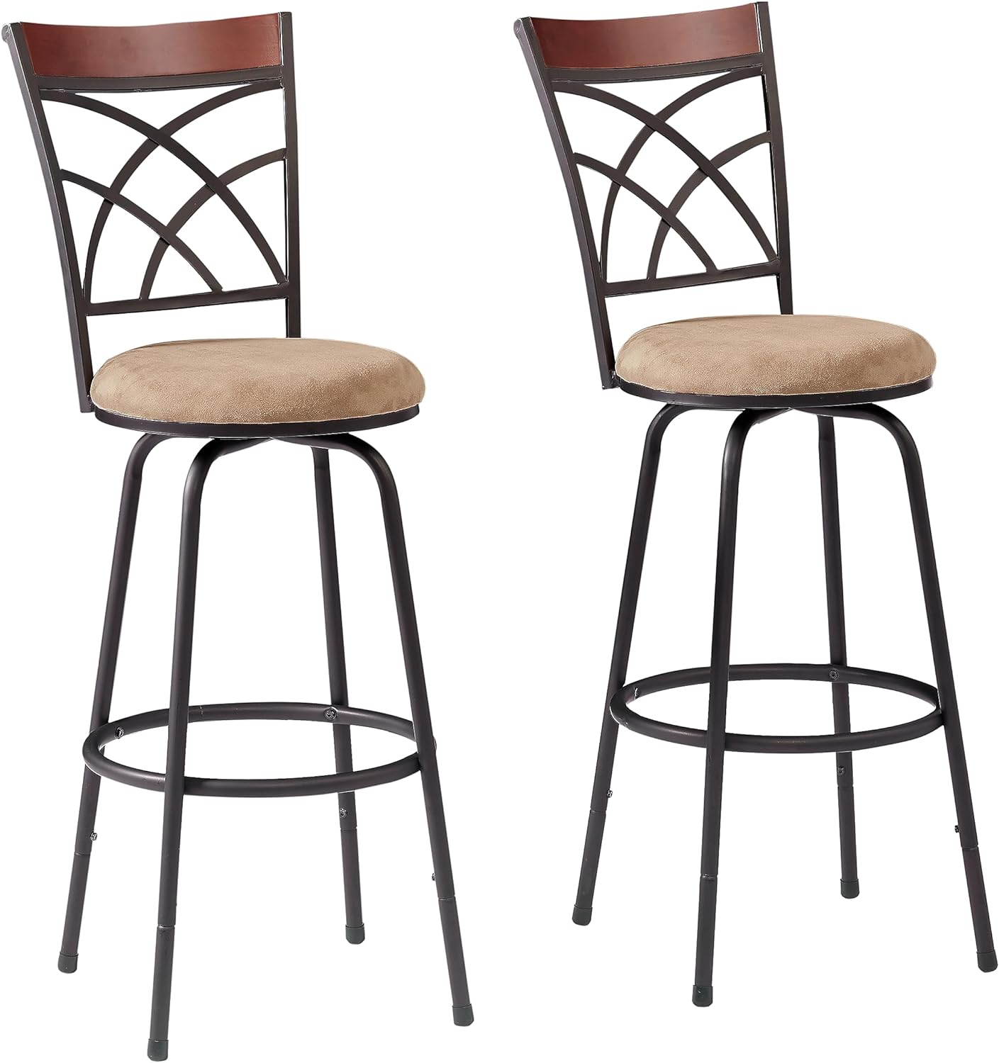 VECELO Adjustable Bar Stools with 360 Degree Swivel Round Seat Cushions and Wood Top Rail Backrest Set of 2