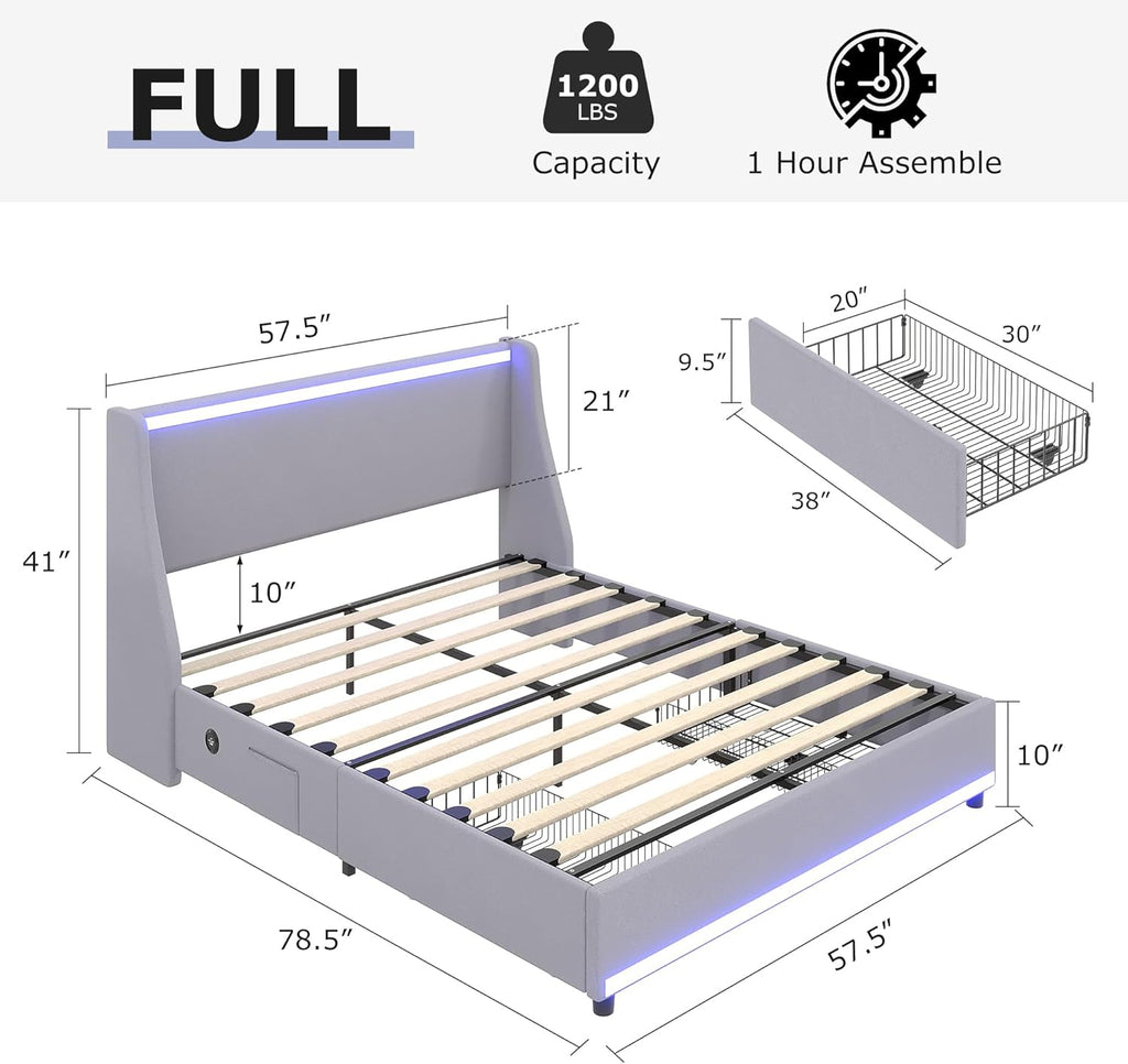 VECELO Full Size Bed Frame with Storage Drawers