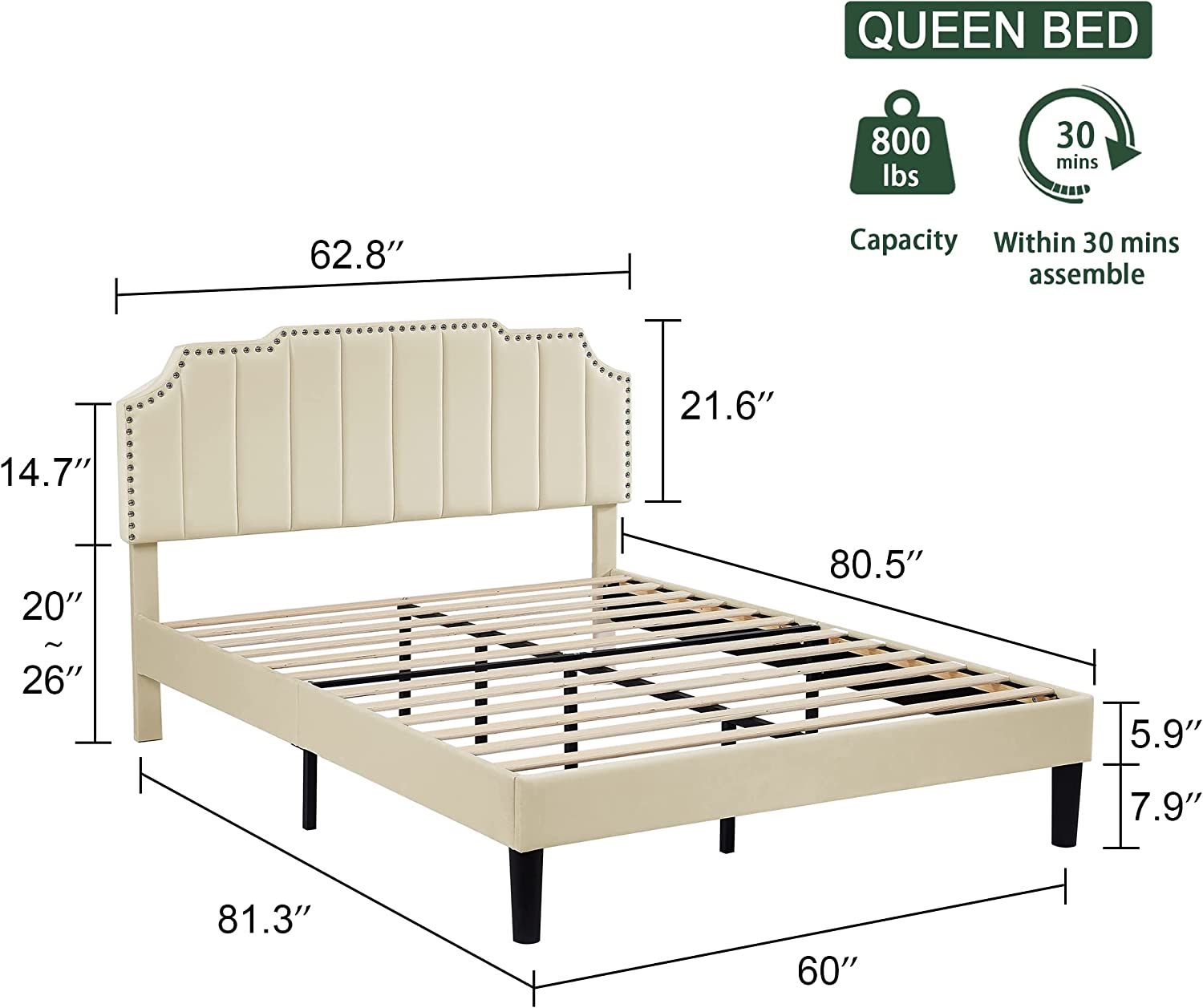 Upholstered Platform Bed Frame with Tufted Adjustable Headboard