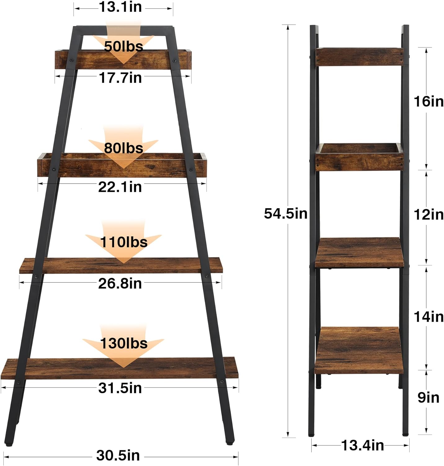 VECELO Ladder Shelf/Display Shelf 4 Tier Storage Bookcase Rack Wood & Steel