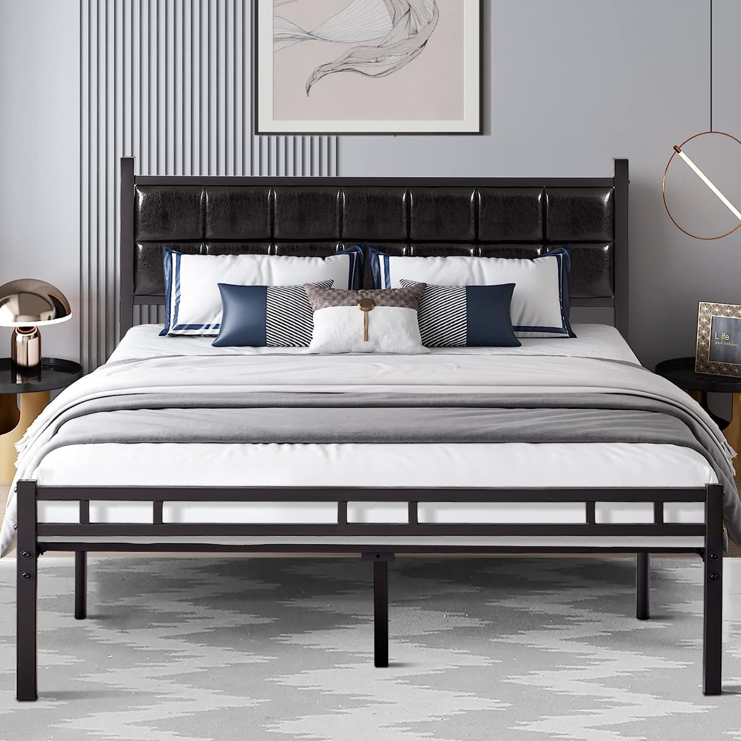 VECELO Bed Frame with PU Upholstered Headboard Metal Slats Support, No Box Spring Needed