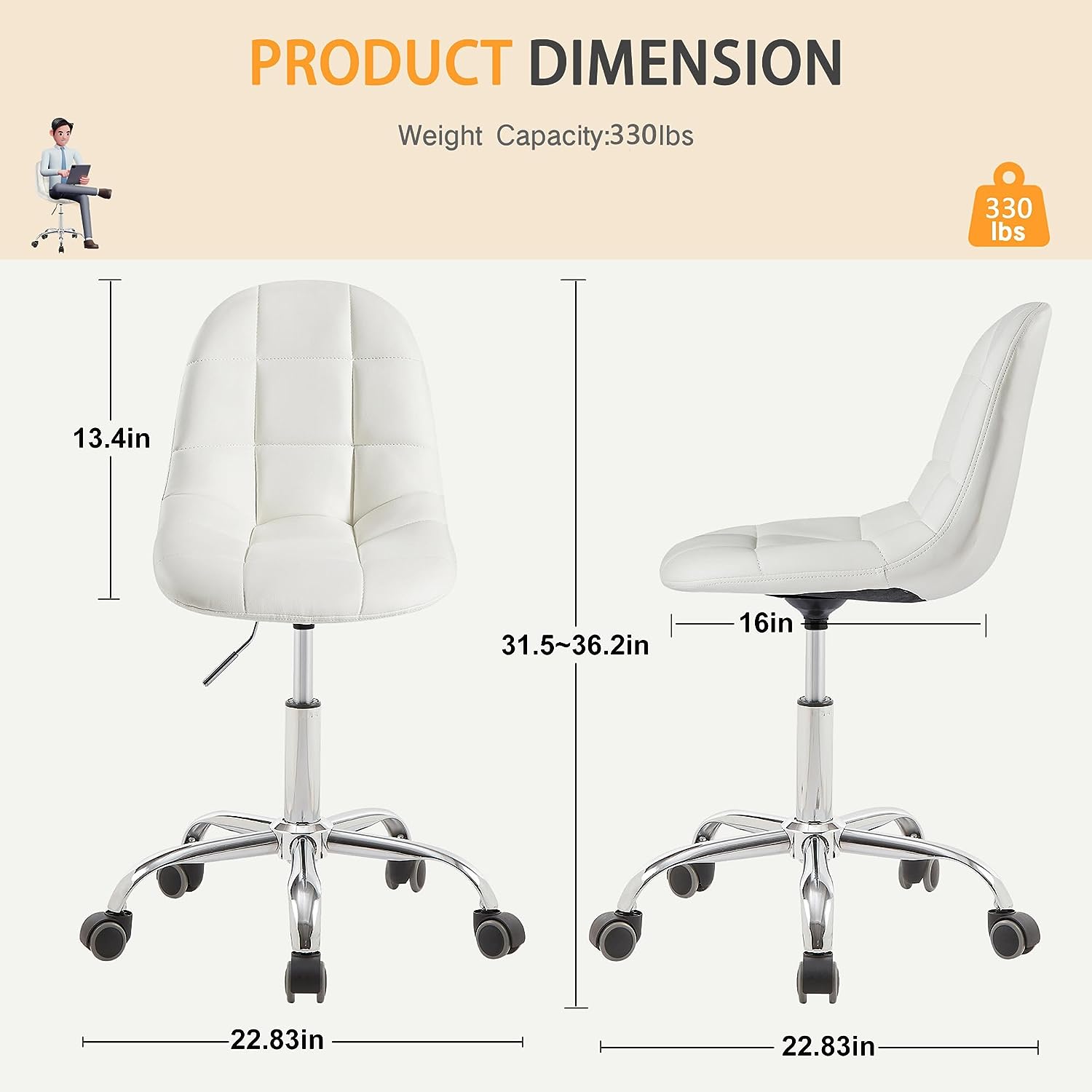 VECELO Modern Armless Home Office Desk Chair, Height Adjustable, PU Leather 360 Degree Swivel with Wheels