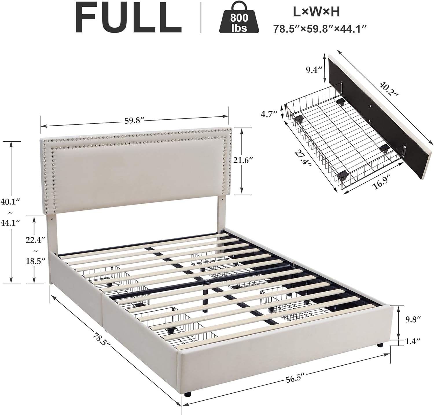 VECELO Upholstered Platform Bed Frame Platform with 4 Storage Drawers