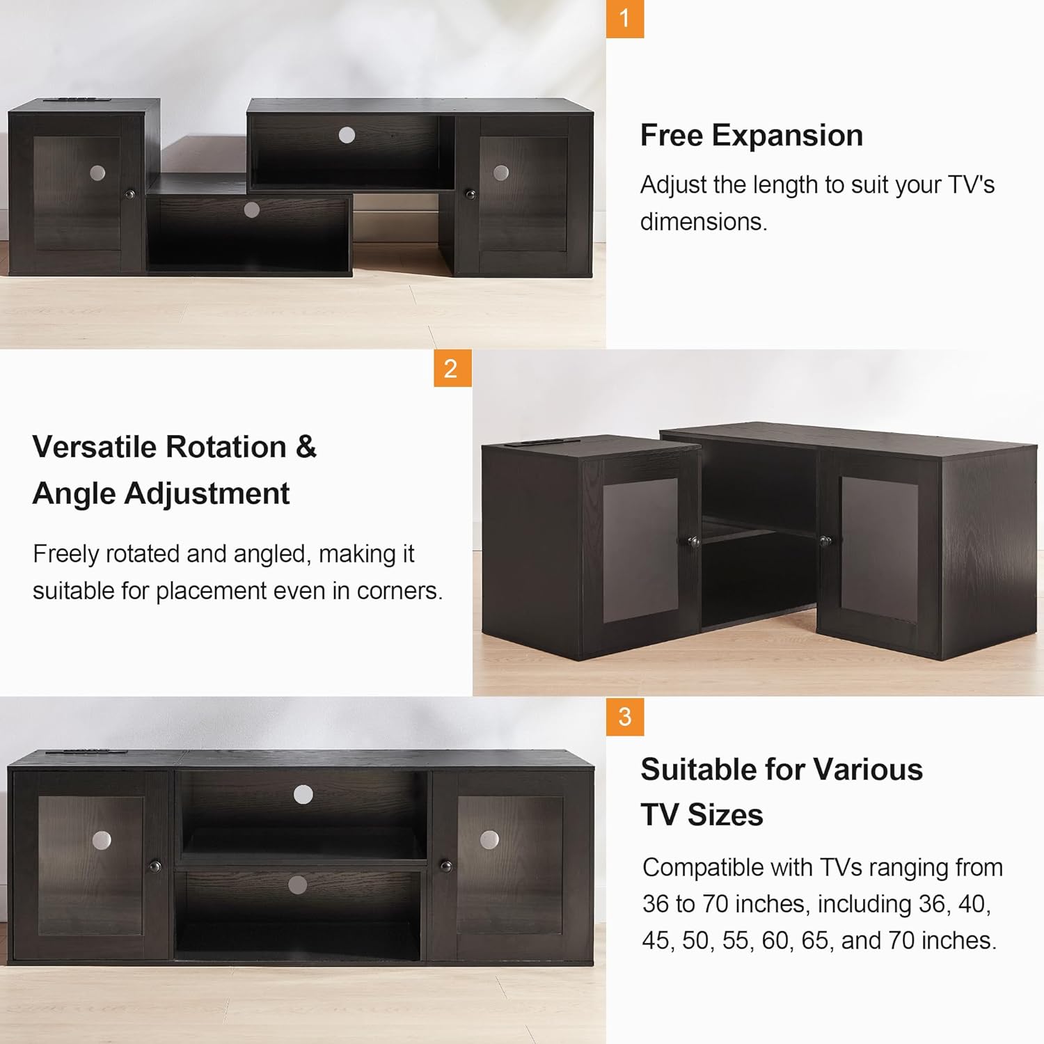 VECELO Deformable TV Stand with LED Strip & Power Outlet & Storage Cabinets Entertainment Center