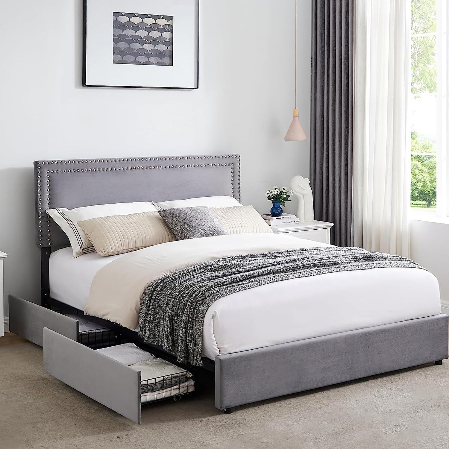 VECELO Upholstered Platform Bed Frame Platform with 4 Storage Drawers