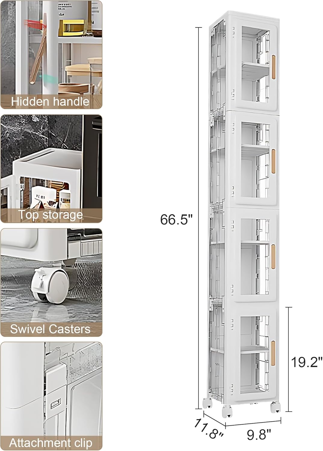 VECELO 4 Tier Tall Plastic Slim Storage Cabinet with Lockable Wheels - VECELO