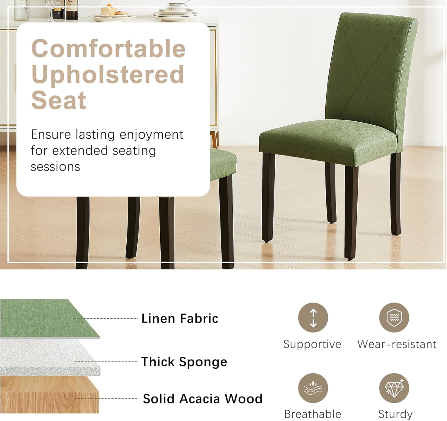 VECELO Upholstered Dining Chairs Set of 2 Modern Fabric and High Back & Solid Wood Legs for Kitchen