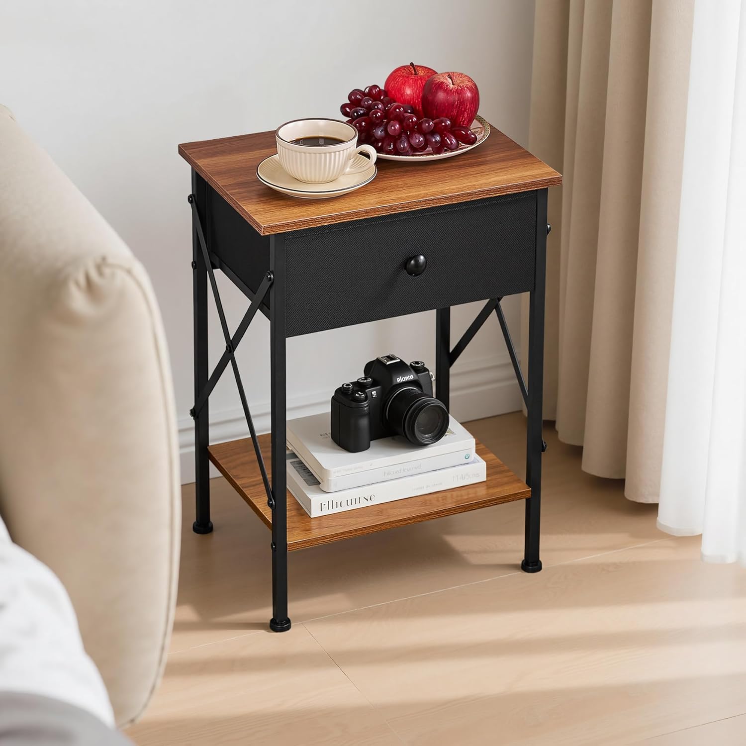 VECELO Nightstand Set of 2, X-Design End Side Table with Fabric Storage Drawer and Open Shelf