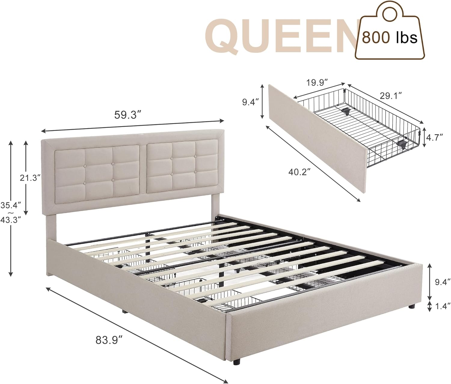 VECELO Bed Frame with 4 Drawers, Adjustable Tufted Button Headboard