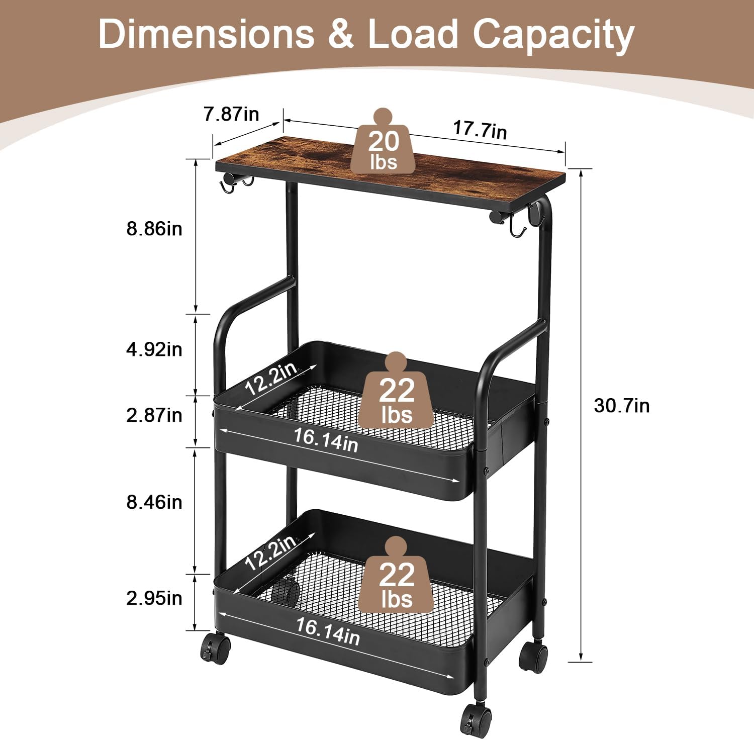 VECELO Storage Rolling Cart, 3 Tier Utility Cart Kitchen Slim Mobile Storage Unit Organizers