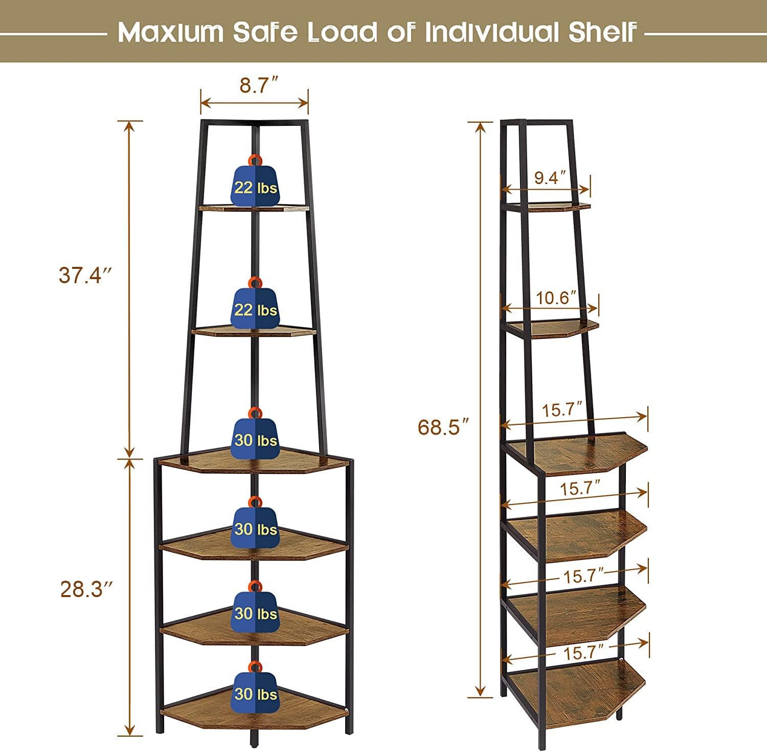 VECELO 6 Tier Corner Shelf, 69 Inch Industrial Bookshelf/Storage Stand with Metal Frame