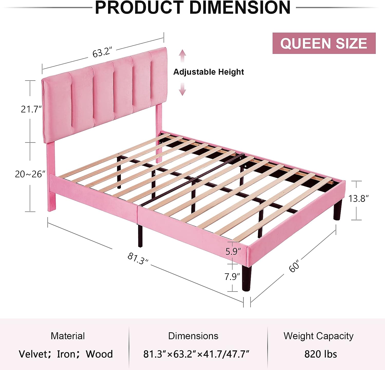 VECELO Modern Upholstered Platform Bedframe, Adjustable Headboard