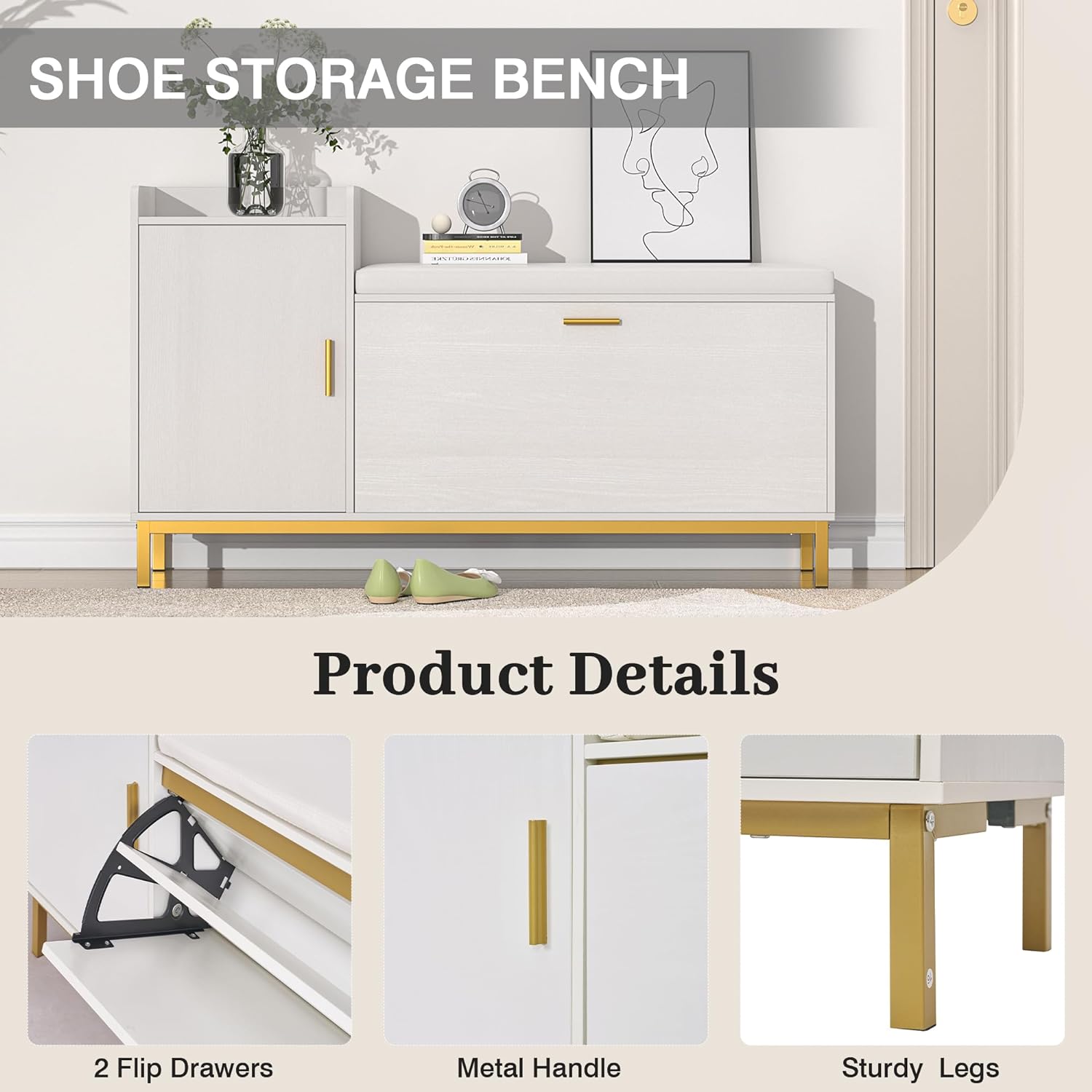 VECELO Shoe Storage Bench with Flip Drawers Entryway Cabinet with Removable Seat Cushion