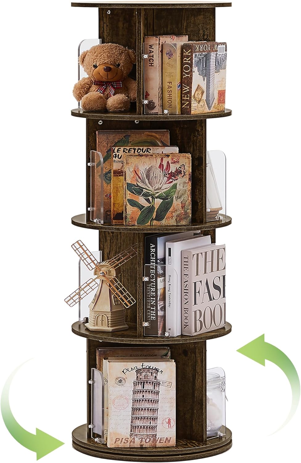 VECELO Rotating Bookshelf with Acrylic Display Window Partition