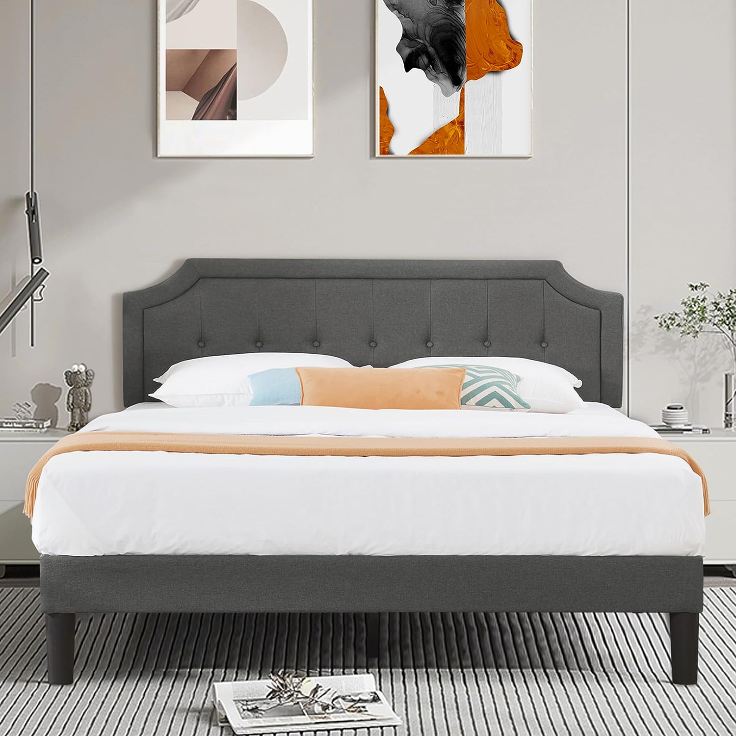 VECELO Premium Upholstered Platform Bed Diamond Stitched Panel Headboard