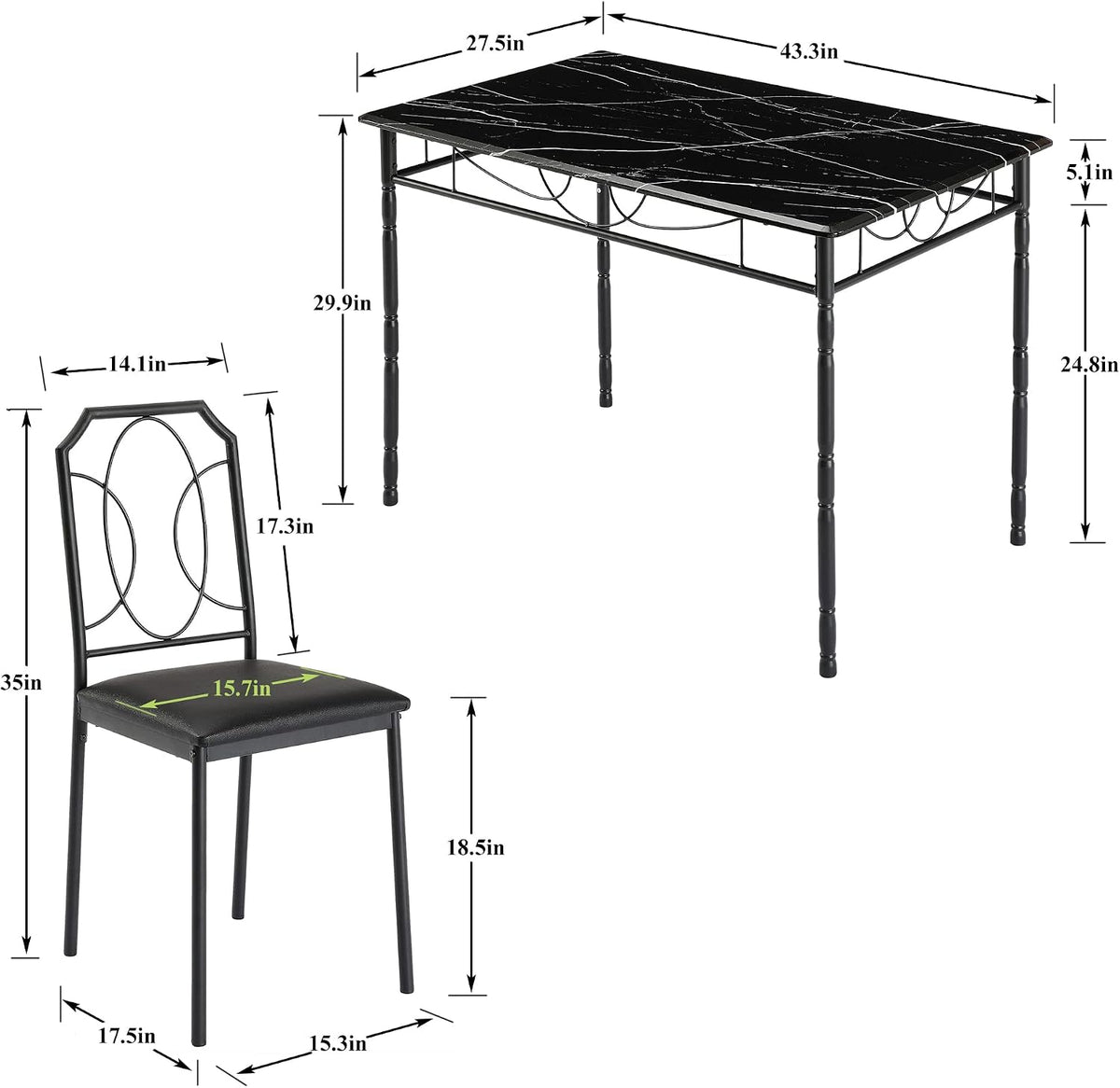 VECELO 5 Piece Dining Table Set for 4, Dinette with Chairs for Kitchen