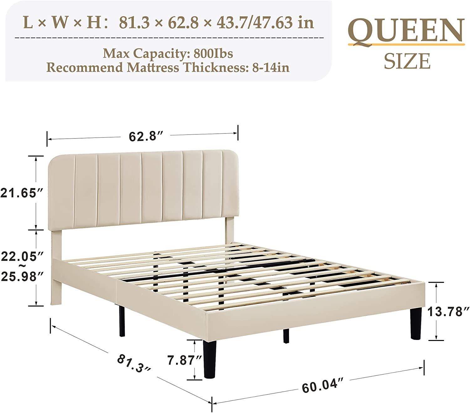 VECELO Bed Frame, Upholstered Platform bedframe with Adjustable Headboard, No Box Spring Needed