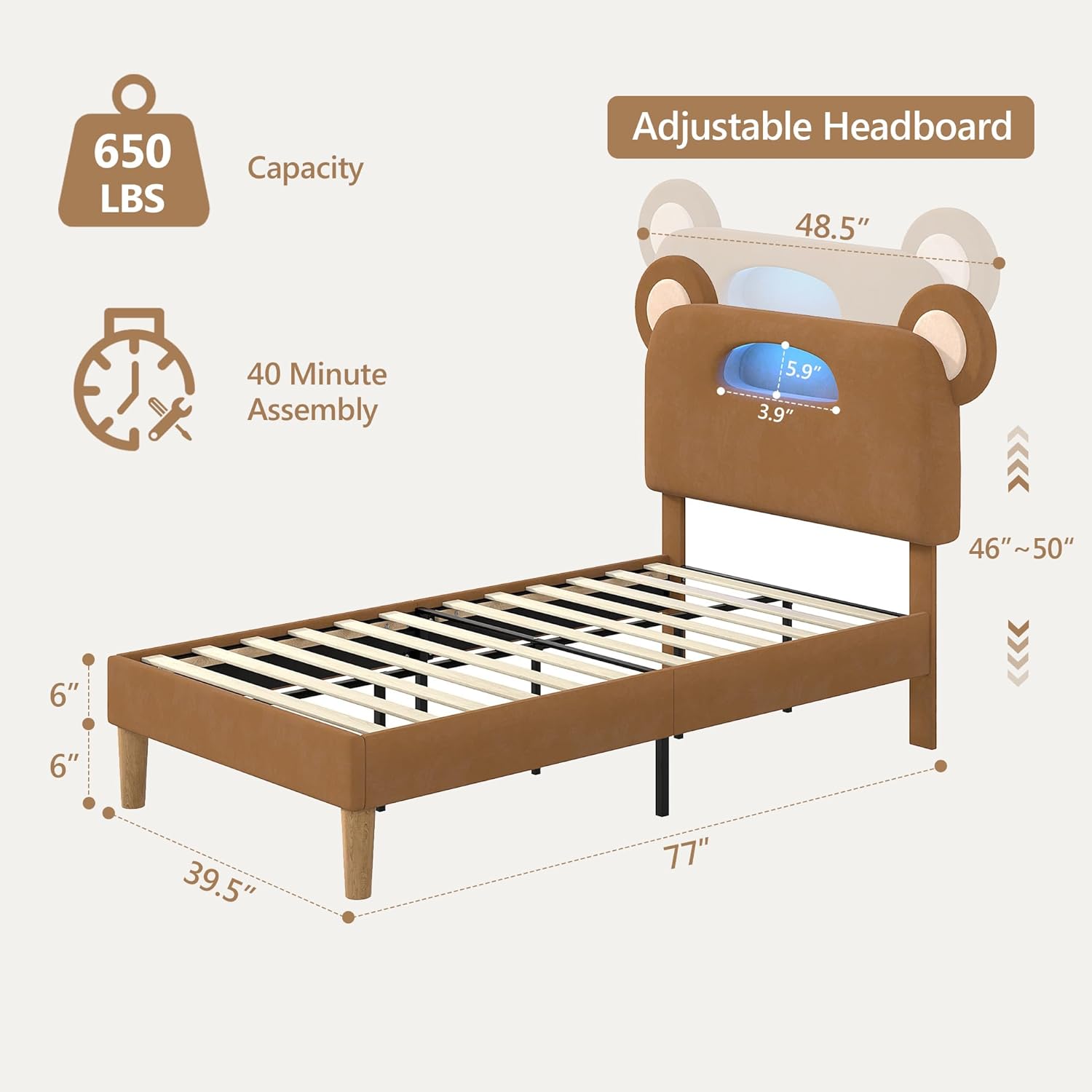 VECELO Twin Size Bed Frame with LED Light, Upholstered Platform Bedframe with Bear Adjustable Headboard