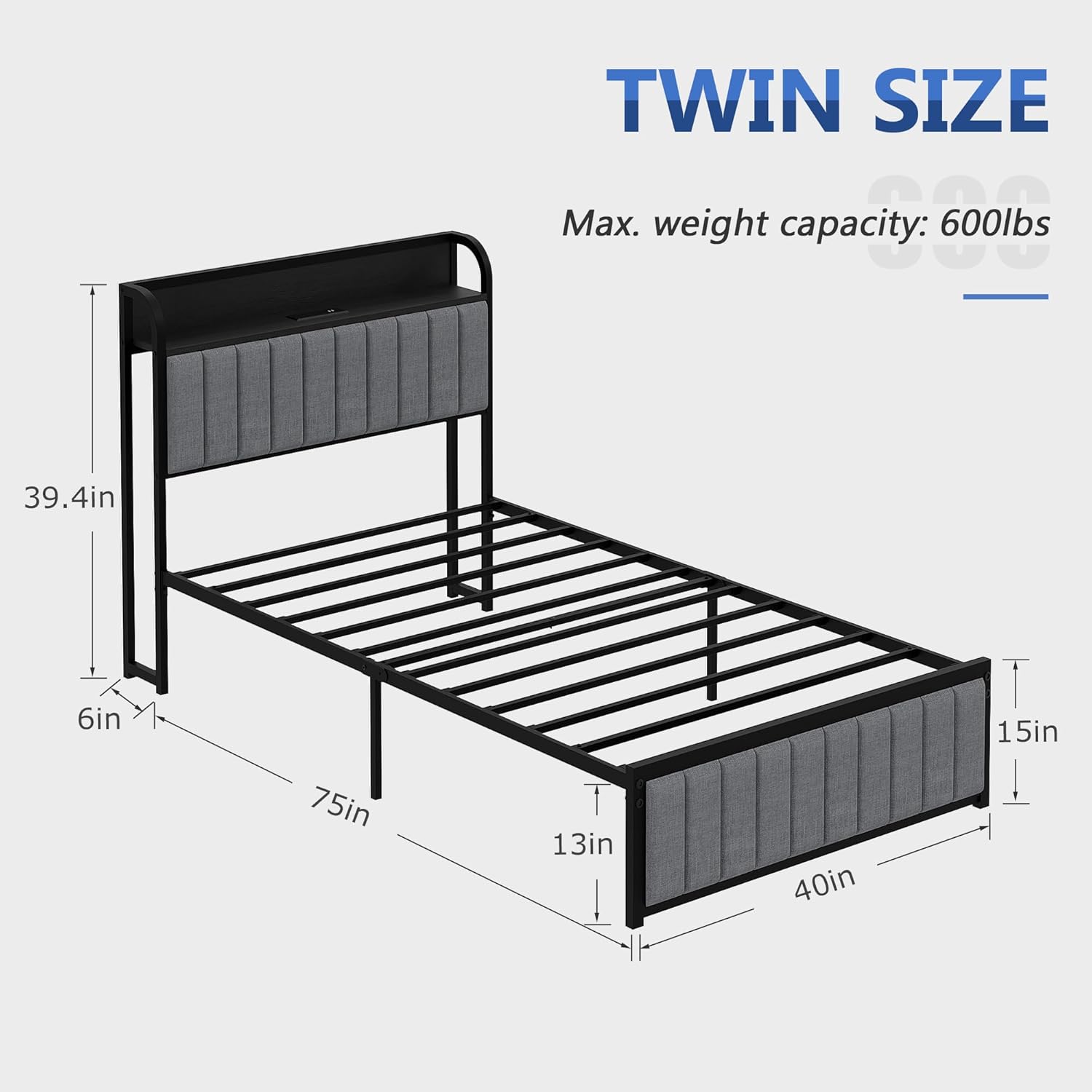 VECELO Twin Bed Frame, Storage Upholstered Headboard with Charging Station