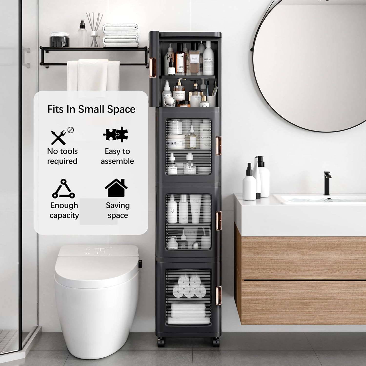 VECELO 4-Tier Plastic Tall Narrow Storage Cabinet with Movable Wheels