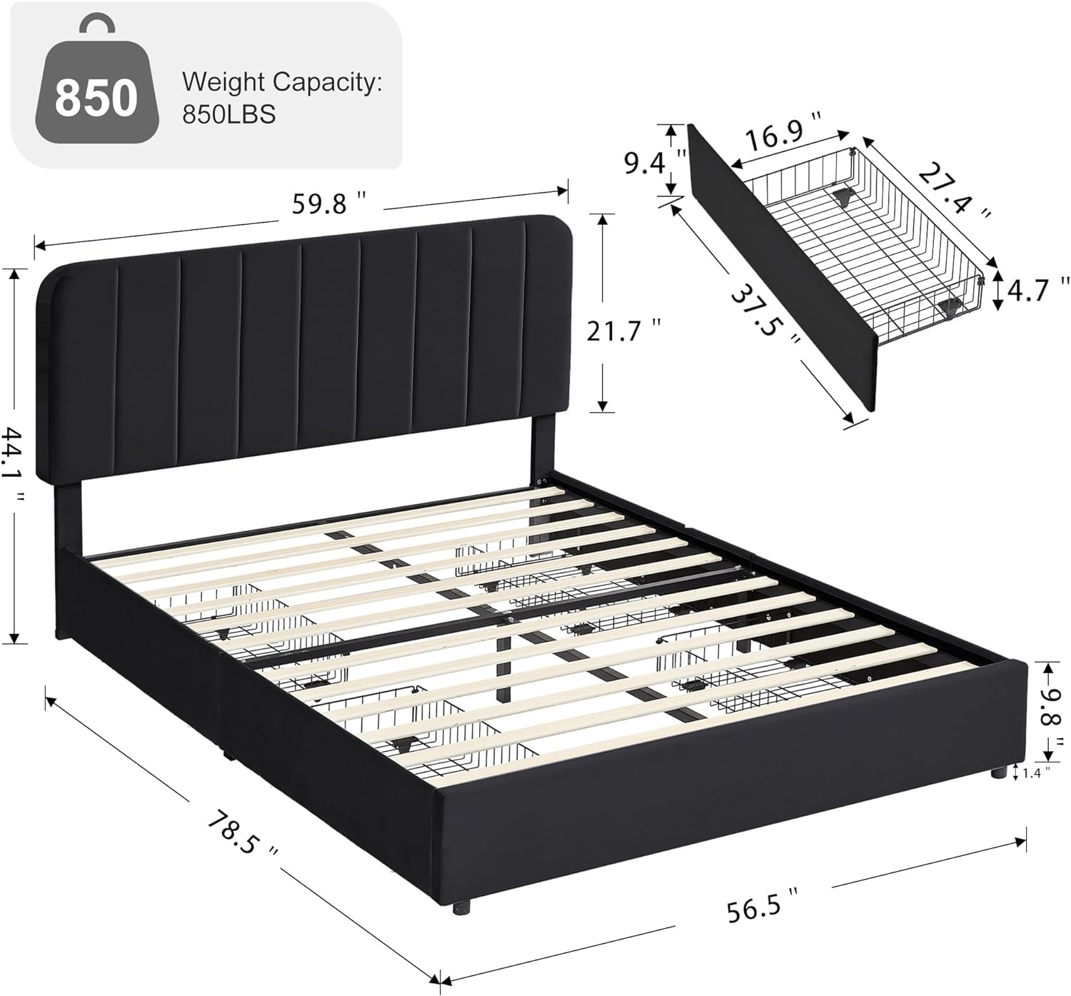 VECELO Upholstered Bed Frame with 4 Drawers and Adjustable Headboard