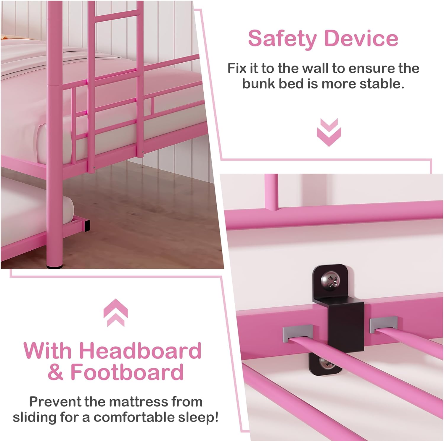 VECELO Bunk Bed Twin Over Twin with Trundle, Metal Bunkbeds with Ladder and Full-Length Guardrail - VECELO