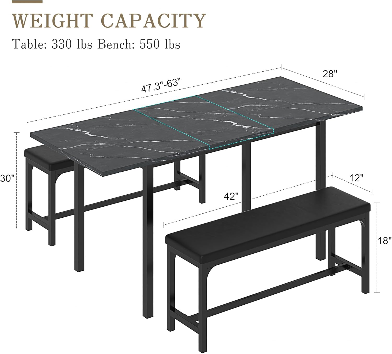VECELO 3-Piece 63" Extendable Kitchen Table with Benches/Chairs - VECELO