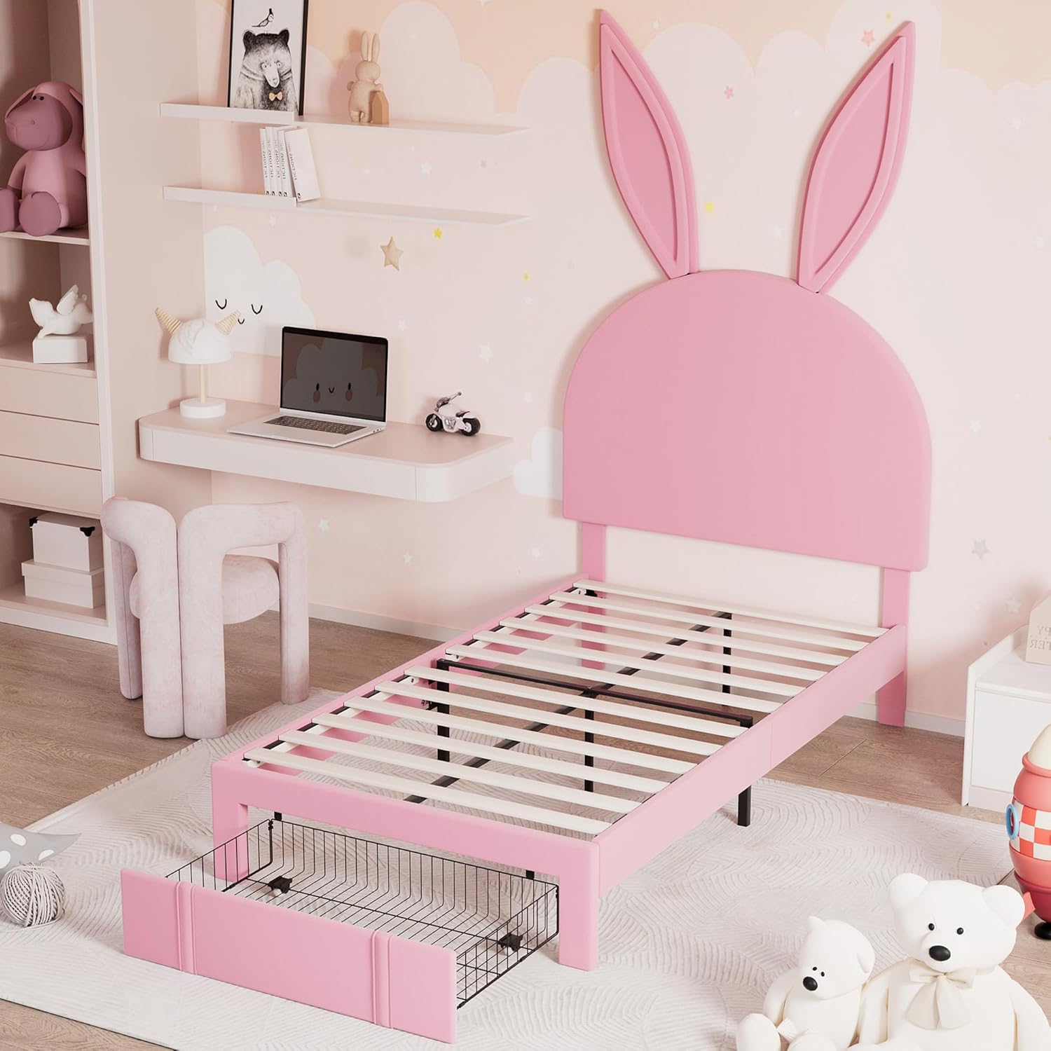 VECELO Twin Upholstered Bed Frame with Storage Drawer