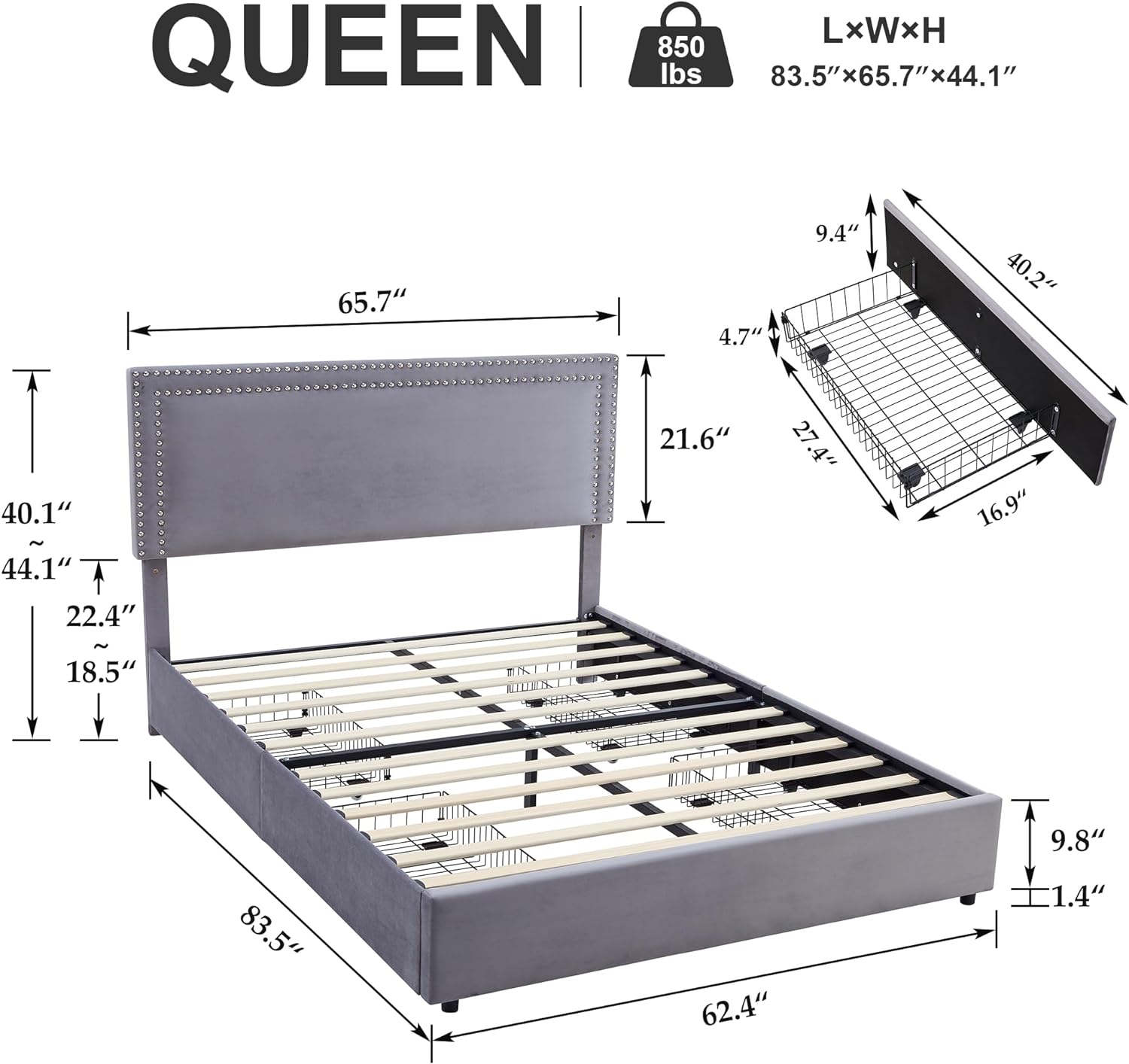 VECELO Upholstered Platform Bed Frame Platform with 4 Storage Drawers