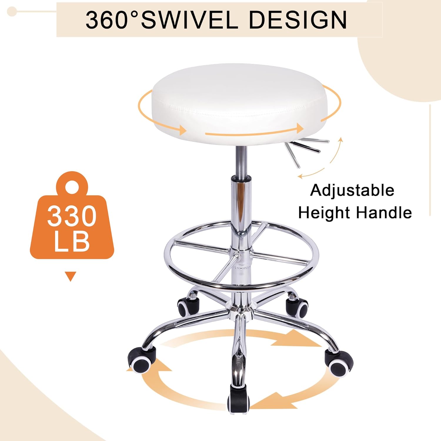 VECELO Round Rolling Stool with Footrest and Wheels