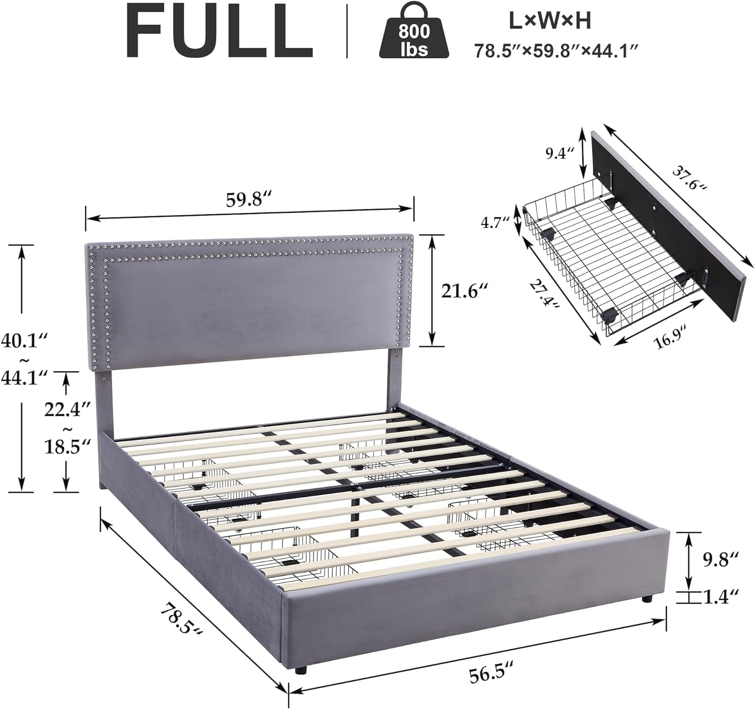 VECELO Upholstered Platform Bed Frame Platform with 4 Storage Drawers