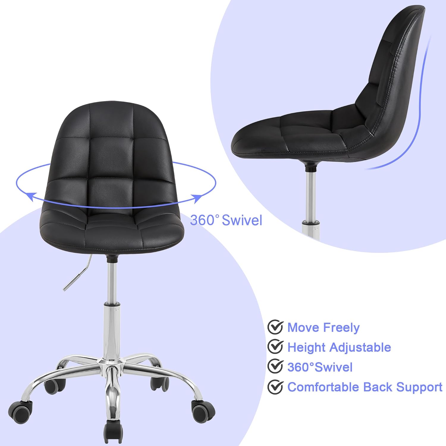 VECELO Modern Armless Home Office Desk Chair, Height Adjustable, PU Leather 360 Degree Swivel with Wheels