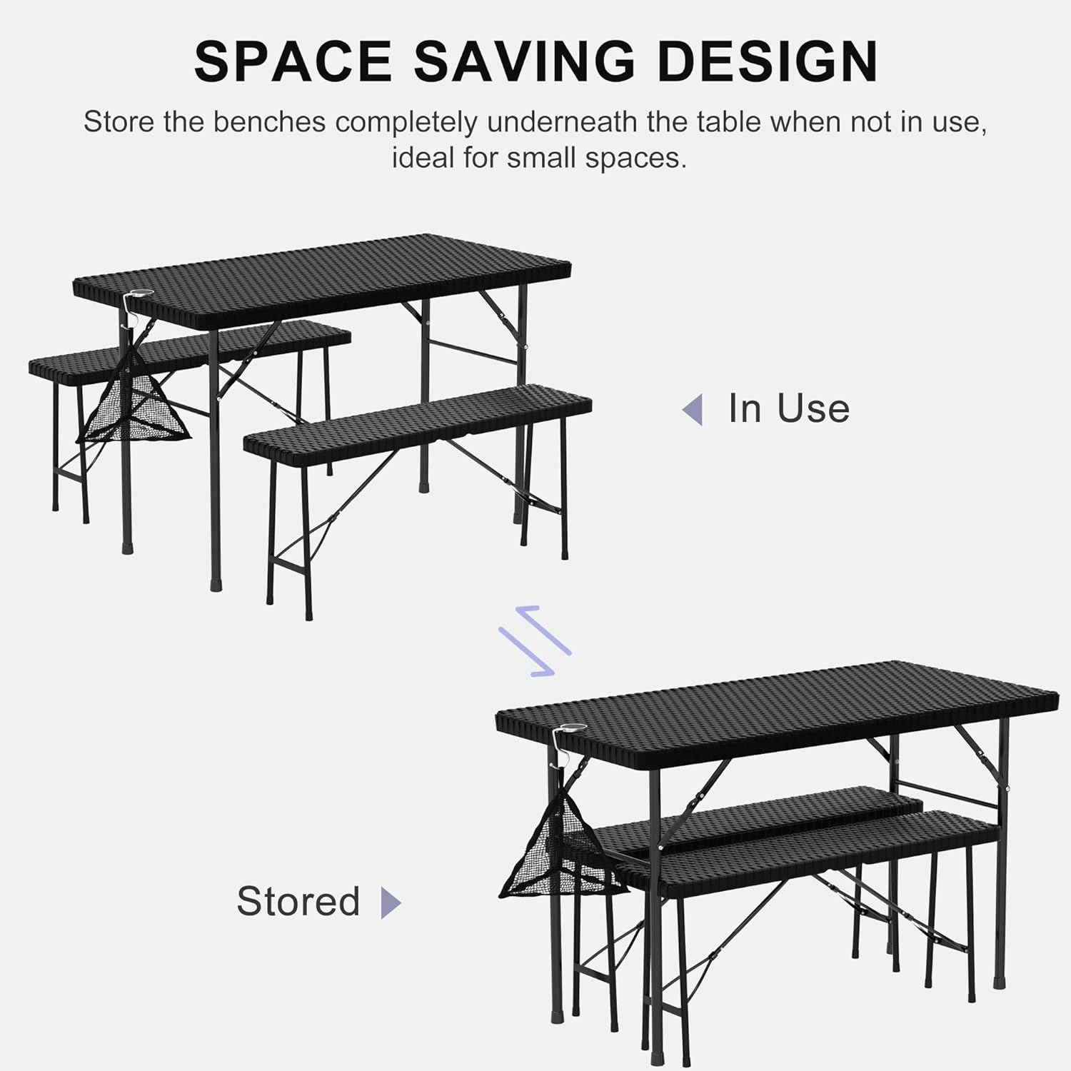 VECELO Dining Set for 4, Faux Rattan Folding Table with 2 Benches