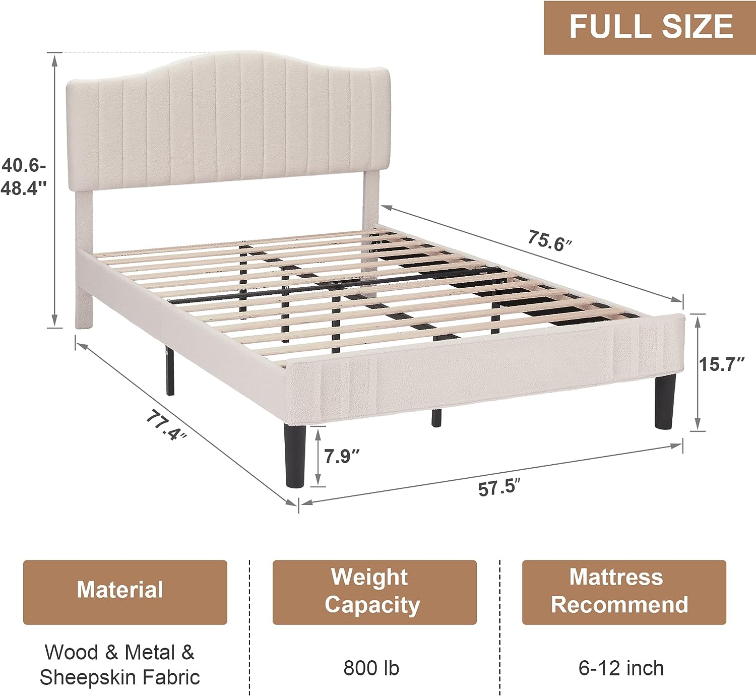 VECELO Upholstered Platform Bed Frame with Sheepskin Fabric Adjustable