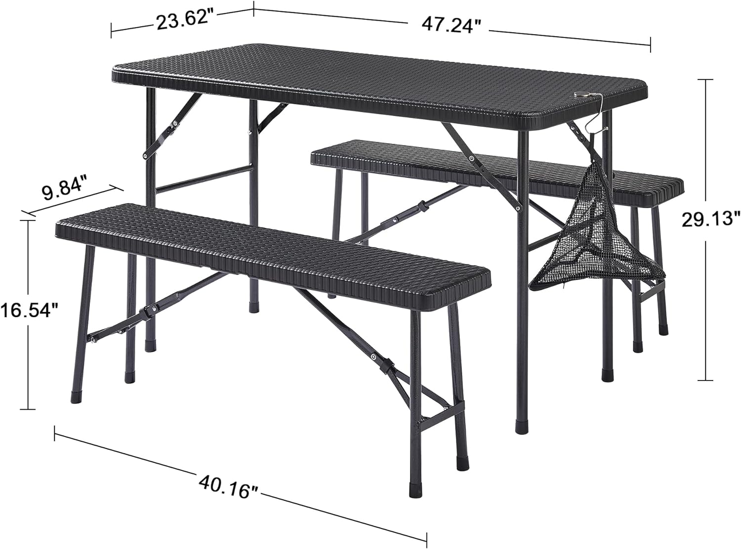 VECELO Dining Set for 4, Faux Rattan Folding Table with 2 Benches