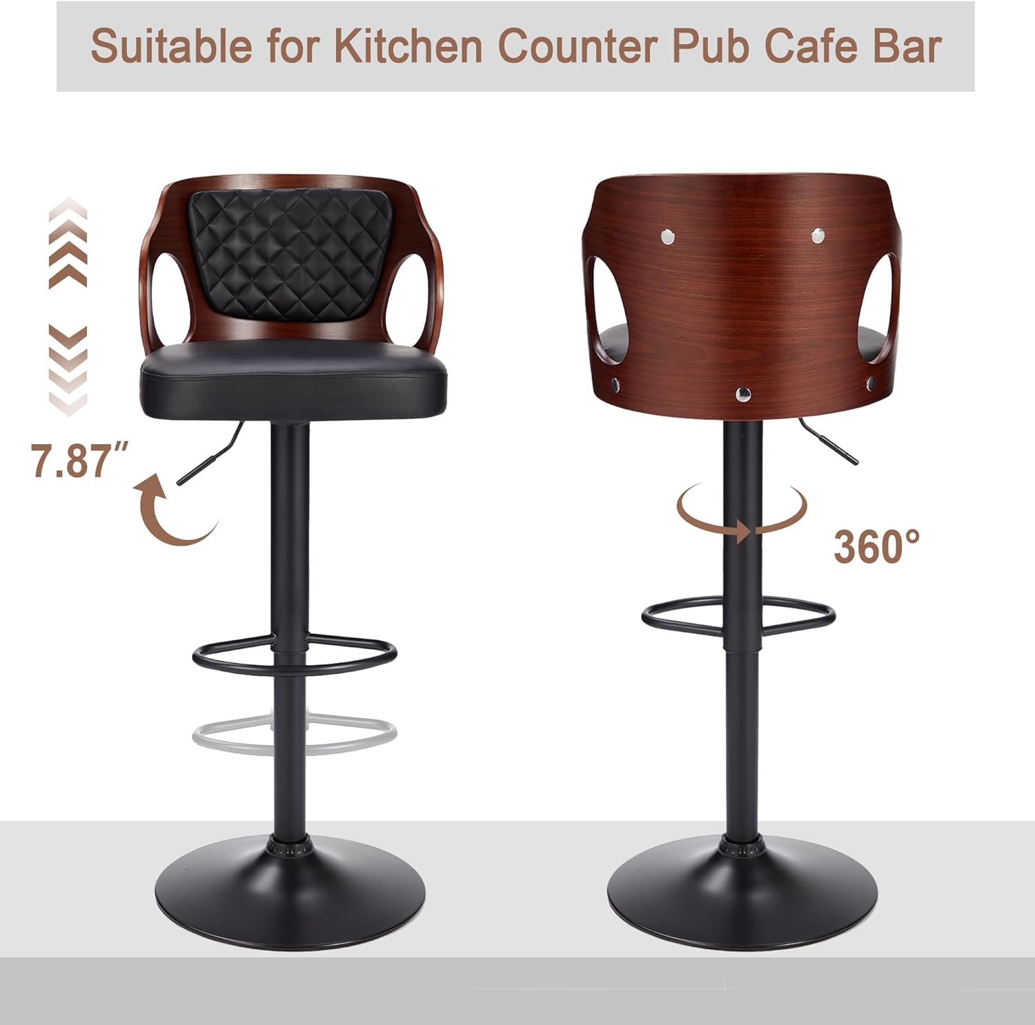 VECELO Bar Stool Set of 2, Counter Height Stools with Bentwood Back
