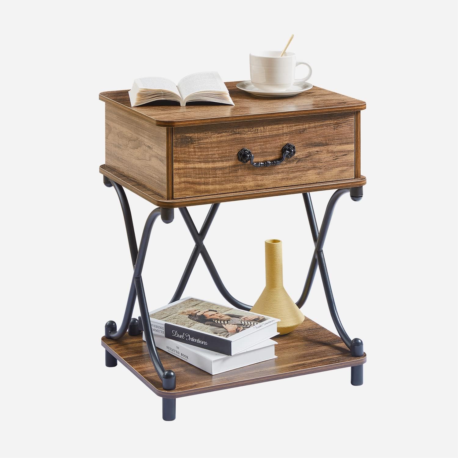 VECELO Nightstand/End Side Table with Storage & Open Shelf and drawer for Living Room,Bedroom