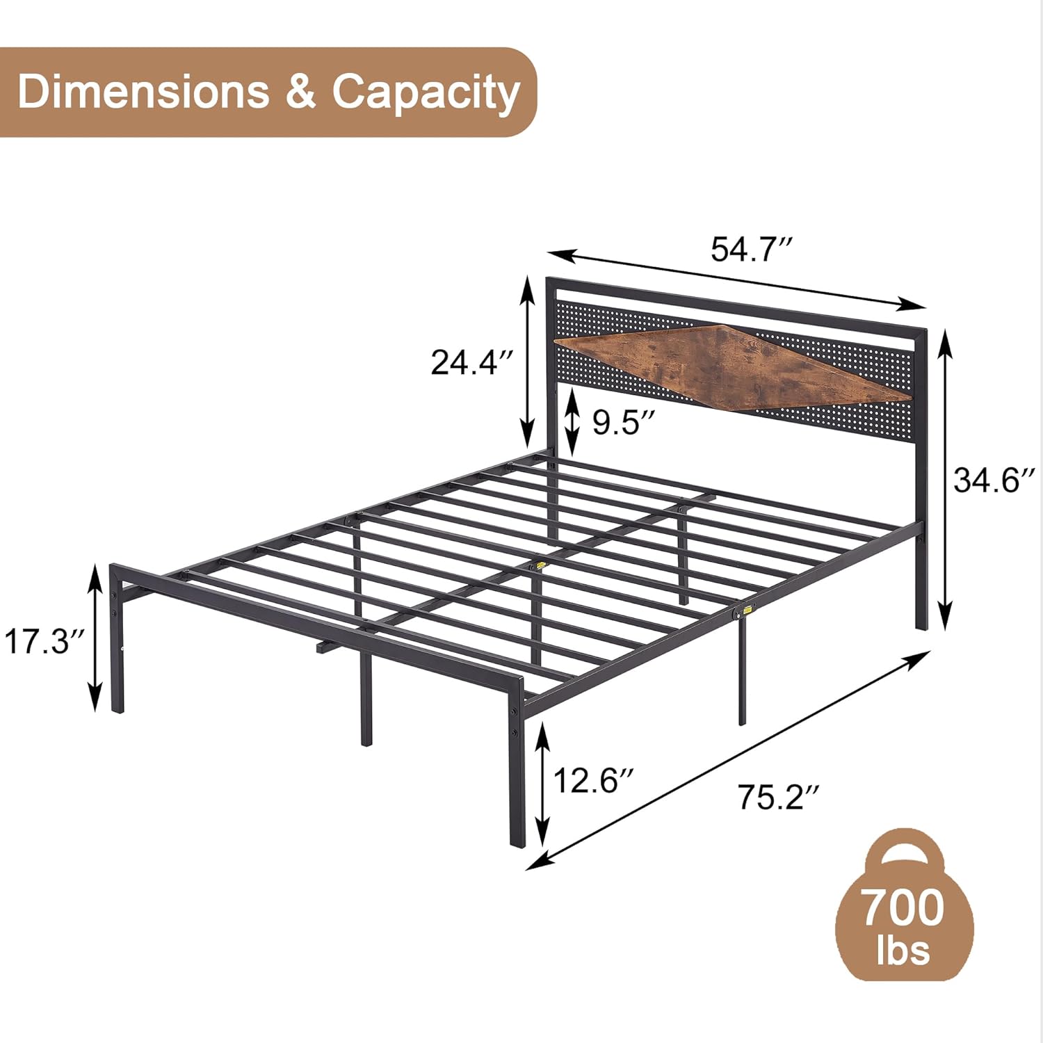 VECELO Metal Bed Frame Platform with Wood Grain Headboard&Footboard