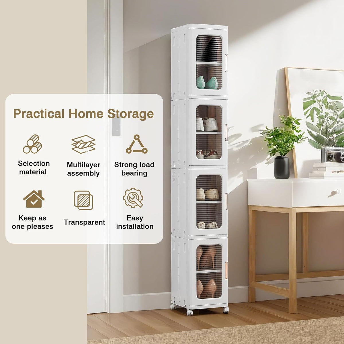 VECELO 4-Tier Tall Narrow Storage Cabinet with Movable Wheels