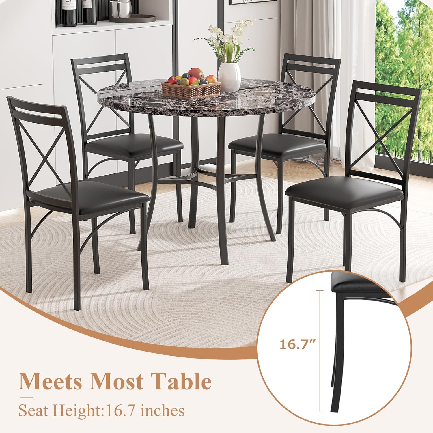 VECELO 36" Round Dining Table for 4, Faux Marble Dinette with Metal Frame for Kitchen - VECELO